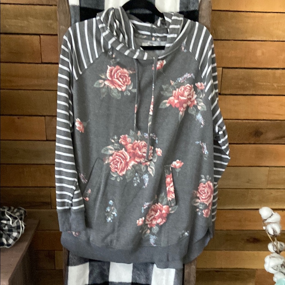 Maurices Gray Hoodie with Floral and Striped Design